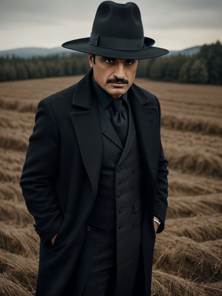arafed man in a black coat and hat standing in a field, an album cover inspired by Cristache Gheorghiu, flickr, fantastic realism, scene from the movie godfather, the godfather, navid negahban, clean from scene from twin peaks, handsome man, godfather, a suited man in a hat, 1982 color fellini film