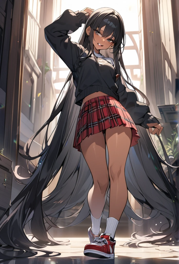 (anime style),masterpiece, best quality, extremely detailed,18Year old,tanned skin,dark skin, Beautiful body,middle breasts,BREAK,multicolored colorful black hair,absurdly long hair,for head,BREAK,black eyes,best smile,open mouth,detailed lips,BREAK,cotton black big ribbon,BREAK,rippedoversized school sweater、tartan check Skirt,sporty shoes,childish pose,break,head tilt,
