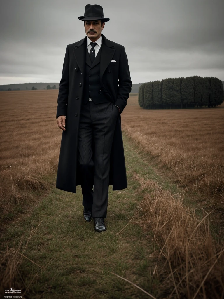 arafed man in a black coat and hat standing in a field, inspired by Cristache Gheorghiu, by Cristache Gheorghiu, by Muggur, inspired by Pál Balkay, scene from the movie godfather, the godfather, navid negahban, inspired by Aniello Falcone, clean from scene from twin peaks