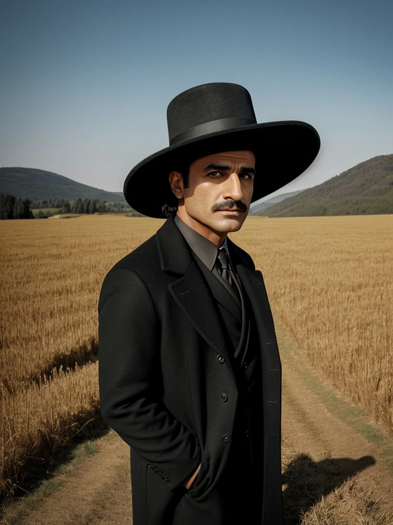 arafed man in a black coat and hat standing in a field, inspired by Cristache Gheorghiu, by Cristache Gheorghiu, by Muggur, inspired by Pál Balkay, scene from the movie godfather, the godfather, navid negahban, inspired by Aniello Falcone, clean from scene from twin peaks