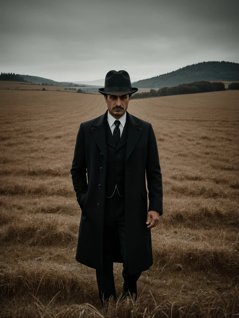 arafed man in a black coat and hat standing in a field, inspired by Cristache Gheorghiu, by Cristache Gheorghiu, by Muggur, inspired by Pál Balkay, scene from the movie godfather, the godfather, navid negahban, inspired by Aniello Falcone, clean from scene from twin peaks
