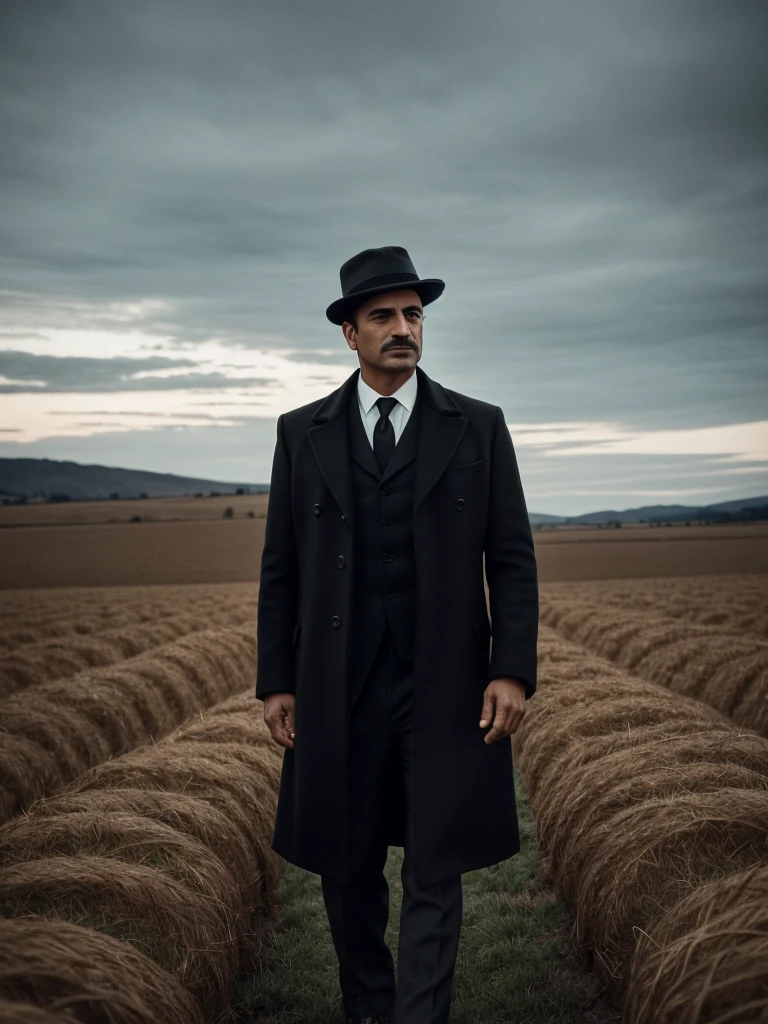 arafed man in a black coat and hat standing in a field, an album cover inspired by Cristache Gheorghiu, flickr, fantastic realism, scene from the movie godfather, the godfather, navid negahban, clean from scene from twin peaks, handsome man, godfather, a suited man in a hat, 1982 color fellini film