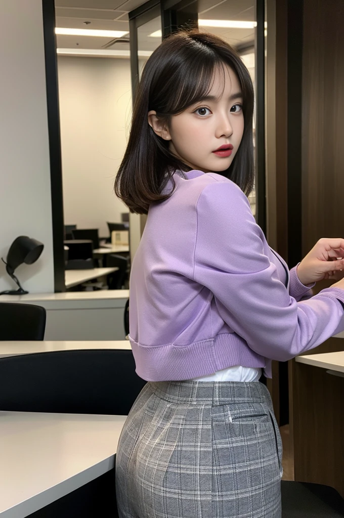 （best qualtiy，8k，32K，tmasterpiece，，realisticlying，The is very detailed, hyper HD：1.2），1girll, Female celebrities，Exquisitehands, a narrow waist，Purple top，Open jacket，office  lady，Business suit，trouser，from back，office room，Office desk，（stick out buttocks：1.2），Cocked buttocks,Detailed face，short detailed hair，absurderes,Background bokeh, satin