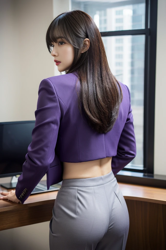 (best qualtiy,8K,32K,tmasterpiece,,realisticlying,The is very detailed, hyper HD:1.2),1girll, Female celebrities,Exquisitehands, a narrow waist,Purple top,Open jacket,office lady,Business suit,trouser,from back,office room,Office desk,(stick out buttocks:1.2),Cocked buttocks,详细的脸,short detailed hair,absurderes,Background bokeh