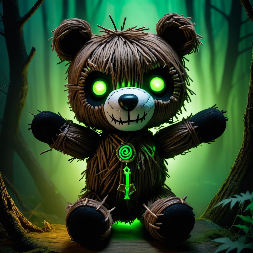 (knitted toy voodoo doll:1.7), (Voodoo Grim Bear:1.3), (Clothing: shadowy fur with glowing green eyes:1.0), (Accessories: enchanted cursed claws, glowing ancient rune, mystical haunted forest:1.2), (background: darkened woods with floating, glowing eyes and ominous fog:1.2), best quality, masterpiece, detailed soft oil painting, detailed background, dramatic cinematic lighting, soft edge lighting, professional, dramatic lighting, hard edge lighting, ultra quality, 4k,masterpiece, best quality, 8k, ultra highres, highres, extremely detailed