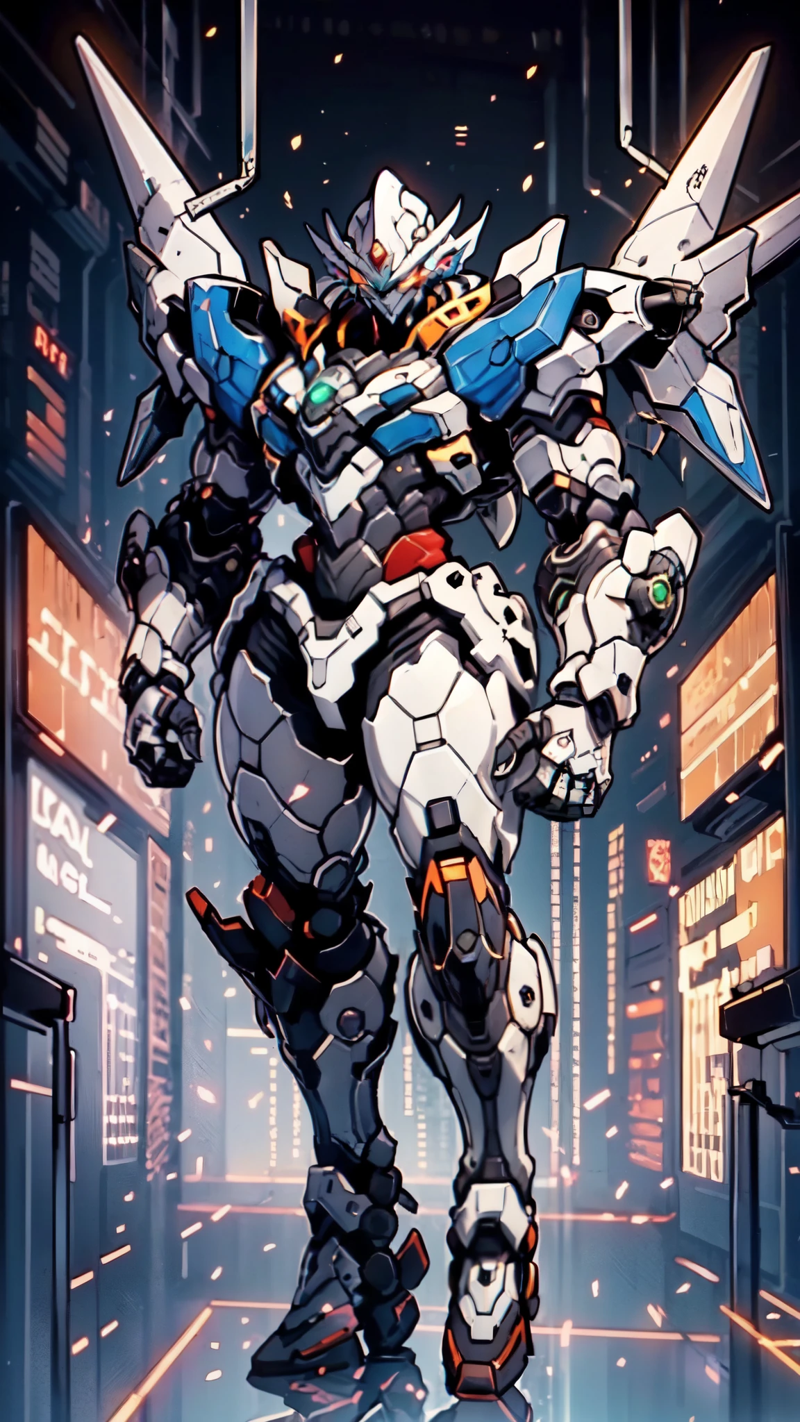 (masterpiece:1.5, best quality:1.5, extremely delicate:1.5), humanoid Mecha, fully enclosed shoulder guards, matching arm and leg guards, full body, full armor, the design balances heavy with agility, (the color scheme is primarily white with red and blue accents, the concept Inspired by Super robot, organic biotech armor, standing, floating high above the futuristic sci-fi city), exquisite and mature art style, (aura effect, energy, glowing eyes, the armor glows), metallic, dramatic, high definition, highres, ultra-detailed, ultra-fine painting, professional, perfect body proportions, anatomically correct, symmetrical face, extremely detailed eyes and face, high quality eyes, creativity, RAW photo, UHD, 32k, Natural light, cinematic lighting, masterpiece-anatomy-perfect