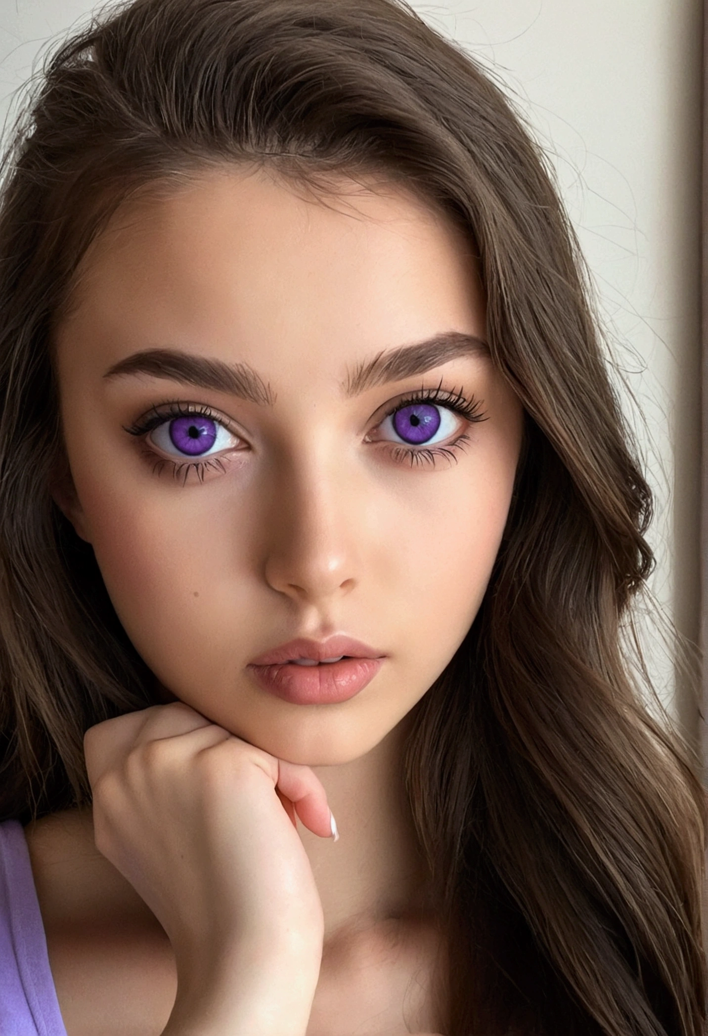Arafed woman completely , fille sexy aux yeux bruns, ultra realist, Meticulously detailed, Portrait Sophie Mudd, cheveux bruns et grands yeux, selfie of a young woman, Dubai Eyes, Violet Myers, sans maquillage, maquillage naturel, looking straight at camera, Visage avec Artgram, Maquillage subtil, Great photo of the whole body kneeling on the bed, dans la chambre, Medium to large bust
