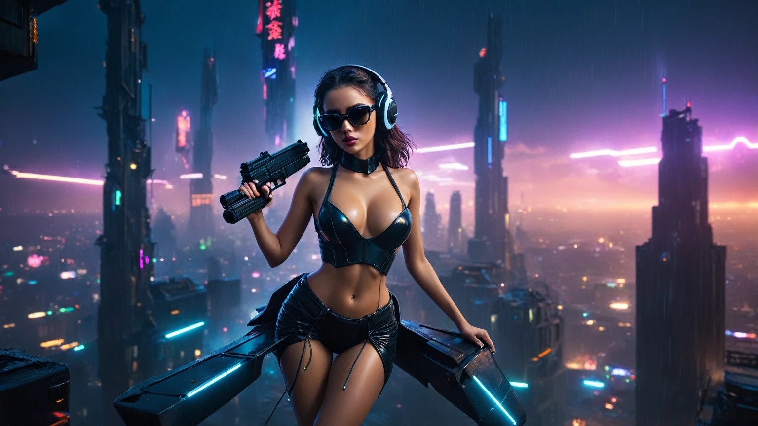 (aerial view, a flying cars docking platform, a very dark abandoned futuristic city, neon lights), rainy night. (((1girl, solo, alone))), large-breast:1.2 slim body, cleavage:1.1, sexy wind blowing wet dress:1.4, (((headphone, black sunglasses, standing and holding pistol:1.8, dynamic rushing pose))), (((((half-body thigh level medium shot))))), cinematic lighting, lens flare, ray tracing.