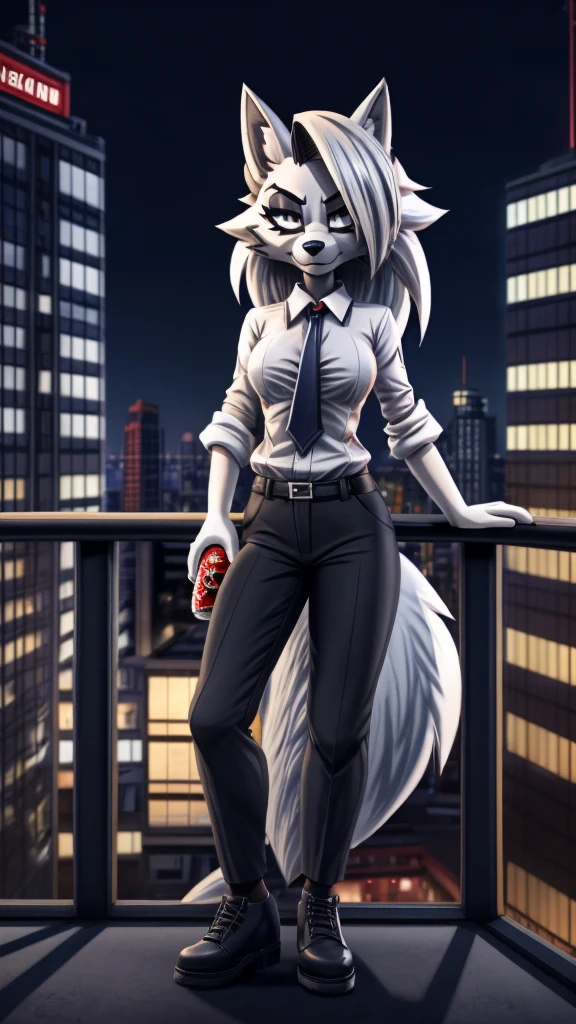 Loona from Helluva Boss, female wolf, anthro, mature adult, soft white hair, grey eyes, white shirt with tie, black pants, black shoes, standing in the balcony, city at background, holding a soda can, night, detailed, solo, beautiful, front view, high quality, anime style, close up, 4K