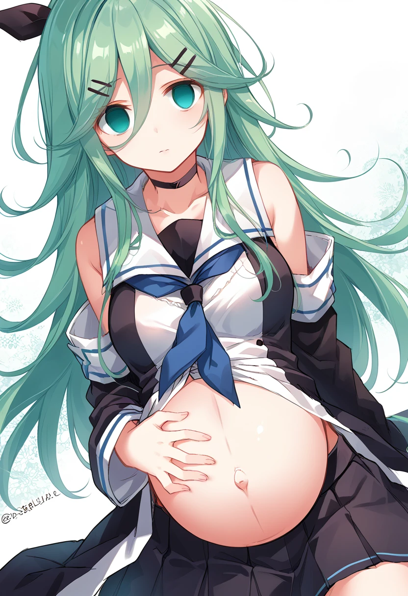 highest quality, masterpiece, High resolution, alone, {Yamakaze Kai 2_Fleet Collection:1.15}, green_hair, hair_between_eye, length_hair, hair_ornament, hairclip, ribbon, hair_ribbon, ponytail, black_ribbon, blush, green_eye, green_eye, 1 girl, , classroom background, ,((nsfw))