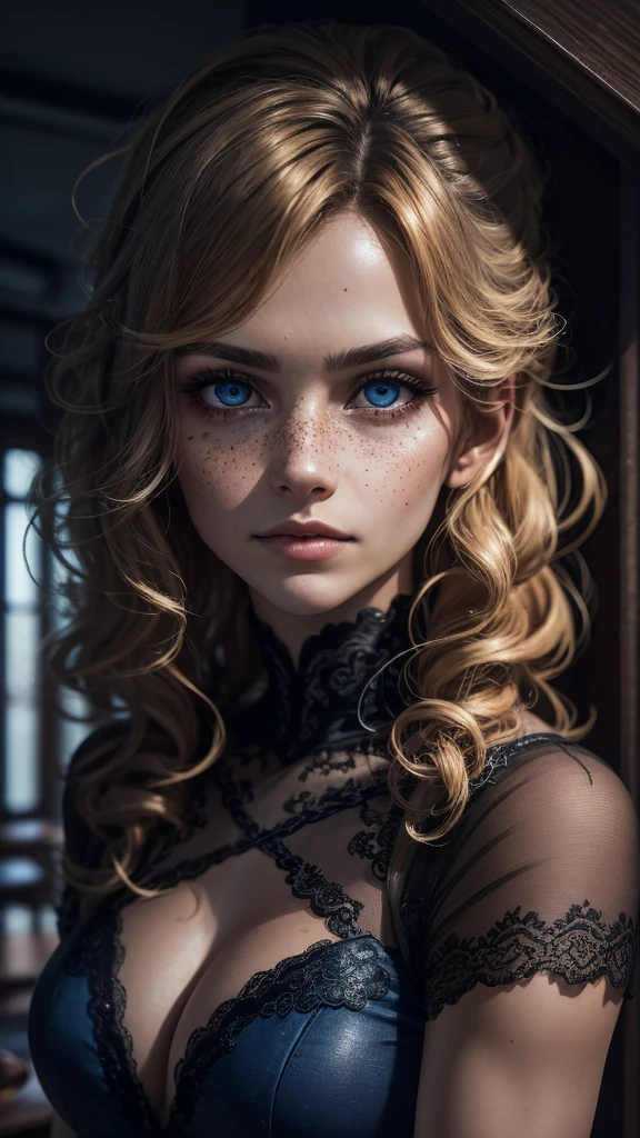 An exquisite portrait of a Polish woman, photography captured in stunning 8k resolution and raw format to preserve the highest quality of details. The beauty of women is undeniable, her face commanding the frame in a close-up that reveals the intricate details of her blue eyes that complement her radiant skin, and her eyes are portrayed with meticulous attention to detail, showing the captivating depth within. The photograph is taken with a lens that emphasizes the challenge of your gaze, (...) environment that highlights the soft colors of the scene. Lighting and shadows are expertly crafted to highlight the richness of your skin tone and the subtle nuances of your features... Your blonde and curly hair, with its distinct tone, adds a touch of warmth and contrast against your skin. The interior ambiance adds a sense of intimacy, while the freckles on your skin. The overall composition captures its essence with authenticity and grace, creating a portrait that is a celebration of your heritage and beauty. Photography by challenge512, using the best shadow and lighting techniques, to create a mesmerizing portrait that transcends the visual, ultra-realistic image, perfect symmetry, vibrant and clear, dynamic view, high level of detail and definition, 1200 PPI - Photographic resolution with greater color realism, hyperrealisti, high fidelity, cinematic, 4K UHD image resolution.
