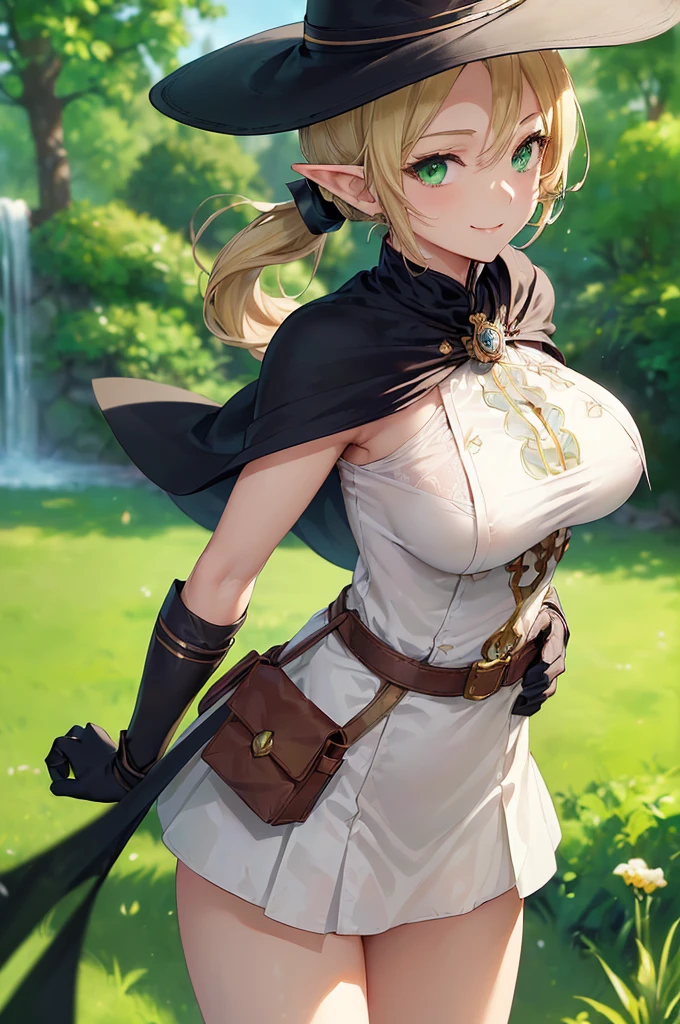(((masterpiece; best quality: 1.2))), (finely detailed eyes: 1.3), (25 year old elf woman), (solo), (green eyes: 1.4), (body; big breasts, fit, femenine: 1.3), (silky blonde hair in low ponytail: 1.3), (beautiful and clear background: 1.2), ((depth of field)), (equipment: adventurer garb + modest + elegant wide-brimmed hat + dark blouse + dark cape + black long skirt + gloves + belt + pouches: 1.3), (anime illustration: 1.2), (background composition; royal garden: 1.1), (extremely fine and beautiful: 1.1), (shot composition; standing + centered on torso + close-up: 1.5), (expression; calm, smile: 1.2)