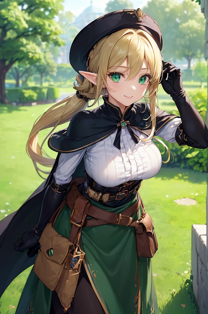 (((masterpiece; best quality: 1.2))), (finely detailed eyes: 1.3), (25 year old elf woman), (solo), (green eyes: 1.4), (body; big breasts, fit, femenine: 1.3), (silky blonde hair in low ponytail: 1.3), (beautiful and clear background: 1.2), ((depth of field)), (equipment: adventurer garb + modest + elegant wide-brimmed hat + dark blouse + dark cape + black long skirt + gloves + belt + pouches: 1.3), (anime illustration: 1.2), (background composition; royal garden: 1.1), (extremely fine and beautiful: 1.1), (shot composition; standing + centered on torso + close-up: 1.5), (expression; calm, smile: 1.2)