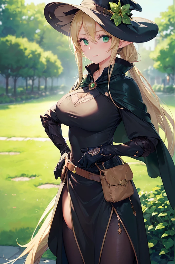 (((masterpiece; best quality: 1.2))), (finely detailed eyes: 1.3), (25 year old elf woman), (solo), (green eyes: 1.4), (body; big breasts, fit, femenine: 1.3), (silky blonde hair in low ponytail: 1.3), (beautiful and clear background: 1.2), ((depth of field)), (equipment: adventurer garb + modest + elegant wide-brimmed hat + dark blouse + dark cape + black long skirt + gloves + belt + pouches: 1.3), (anime illustration: 1.2), (background composition; royal garden: 1.1), (extremely fine and beautiful: 1.1), (shot composition; standing + centered on torso + close-up: 1.5), (expression; calm, smile: 1.2)