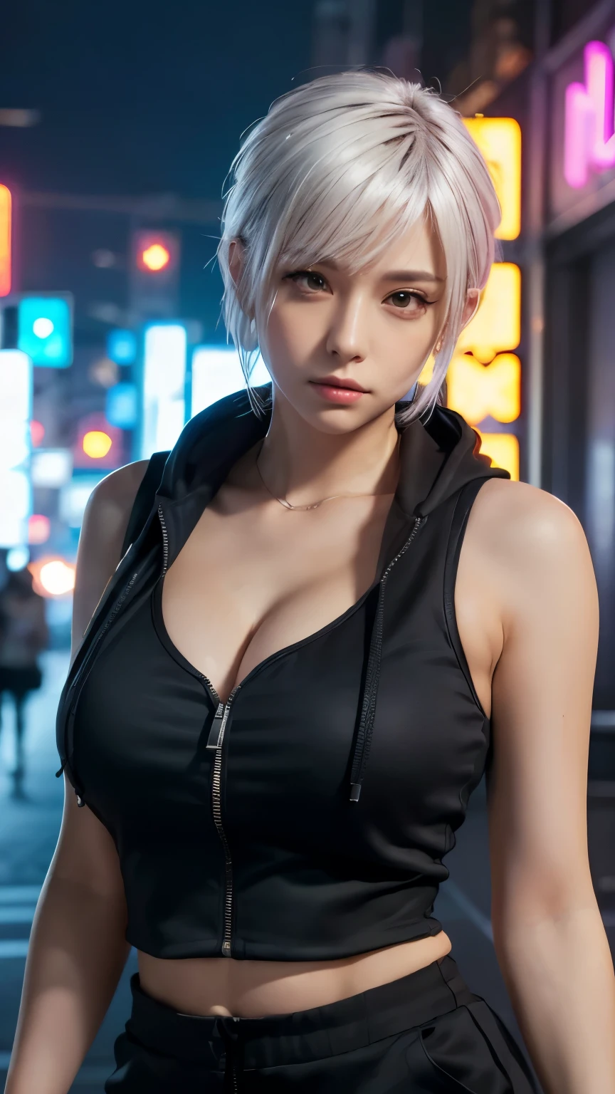 masterpiece, Highest quality, Very detailed, 8k, Realistic, One Girl, alone, Tomboy, Very detailed face, (head shot:1.5), Cyberpunk neon lit futuristic city、Neon lights illuminate the scene, at night, Cyberpunk art, 32K, Ultra HD, Unreal Engine Rendering, Cinema Lighting,Pixie cut white hair, He is wearing a short tank top and an open-zipped hoodie.....,I can see your chest,Nice ass,Wear a New Era cap