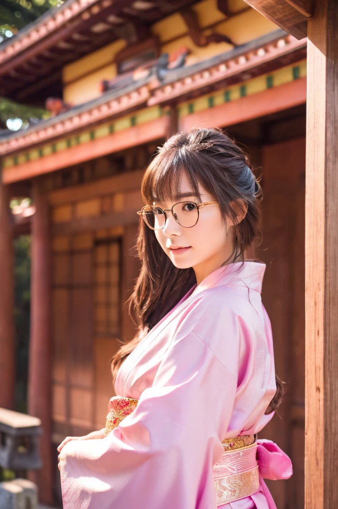 best quality, 8k, very delicate and beautiful, highly detailed face and skin texture, shiny skin, high resolution, cute long hair japanese girl in pink kimono with glasses at japanese temple, sharp focus