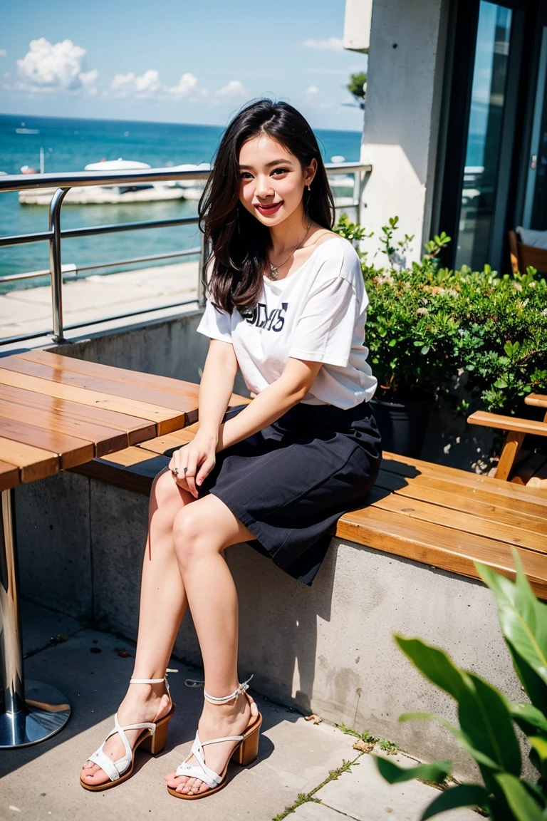 Height: 170cm, 30 years old、Pale face and eyes:1.3、Very thin face and eyes:1.3, (blown eyes:1.5)、Preserve face images), Pale face:1.3、Super thin face:1.3, (very big eyes:1.5)、 (blown eyes:1.5), master piece、Golden Ratio、8k, {highest quality}, {{masterpiece}}, {very delicate and beautiful}, outstanding light and shadow, highly detailed wallpaper, clear and bright sunlight, (((Full body))), 1 girl, blush、(薄い茶Farbeの髪), strong sunlight, ((a strong light shines on your face)), Farbe々A pose:1.5, necklace、ring、earrings、BREAK (( (Terrace seating at a cafe with a sea view), , Oversized organic cotton muscle tee, Tencel lyocell midi slip skirt, plant-based leather huarache sandals, fair-trade raffia tote bag, biodegradable acetate geometic sunglasses, (Toothless smile:1,5),