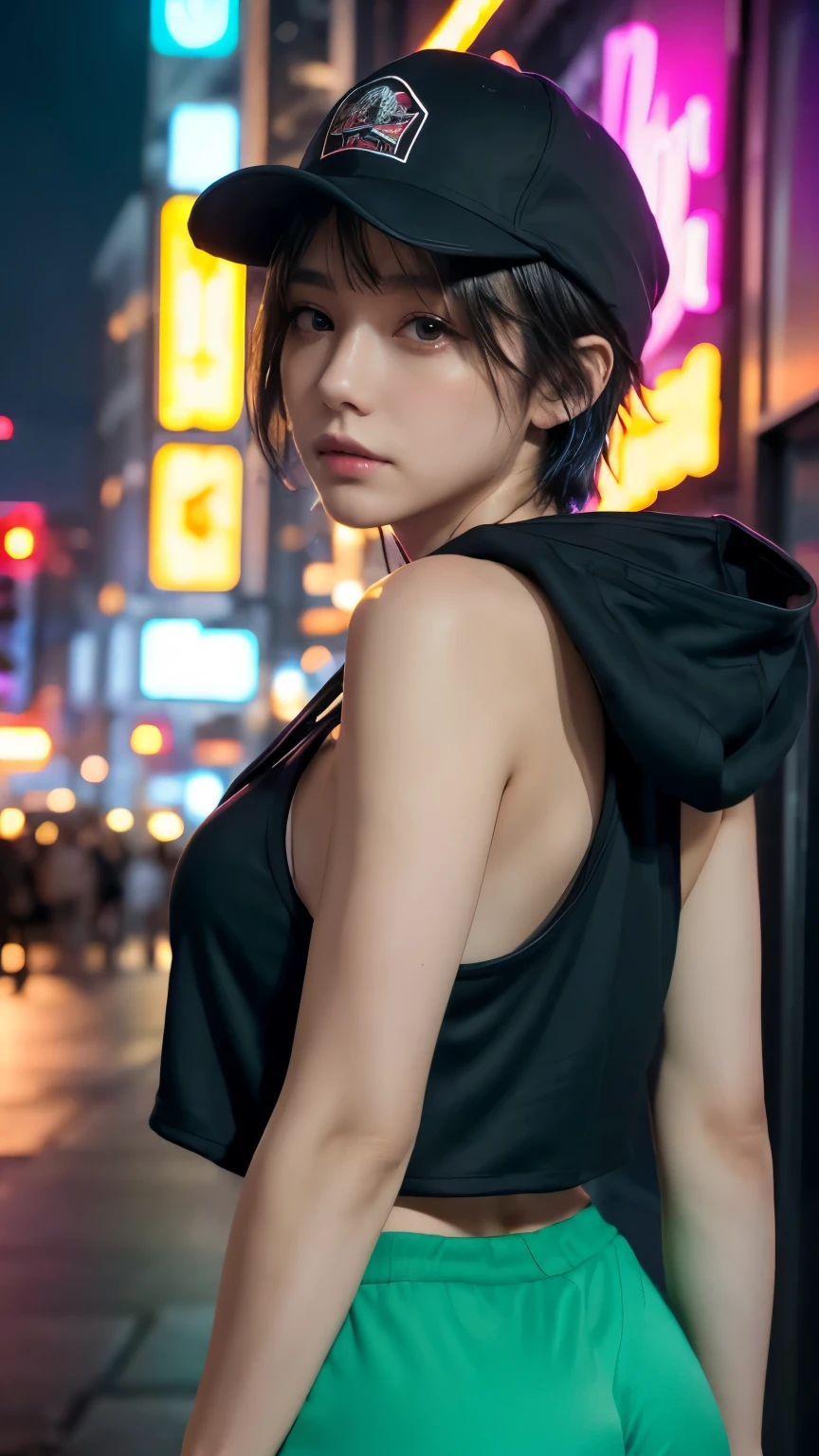 masterpiece, Highest quality, Very detailed, 8k, Realistic, One Girl, alone, Tomboy, Very detailed face, (head shot:1.5), Cyberpunk neon lit futuristic city、Neon lights illuminate the scene, at night, Cyberpunk art, 32K, Ultra HD, Unreal Engine Rendering, Cinema Lighting,Pixie cut white hair, He is wearing a short tank top and an open-zipped hoodie.....,I can see your chest,Nice ass,Wear a New Era cap