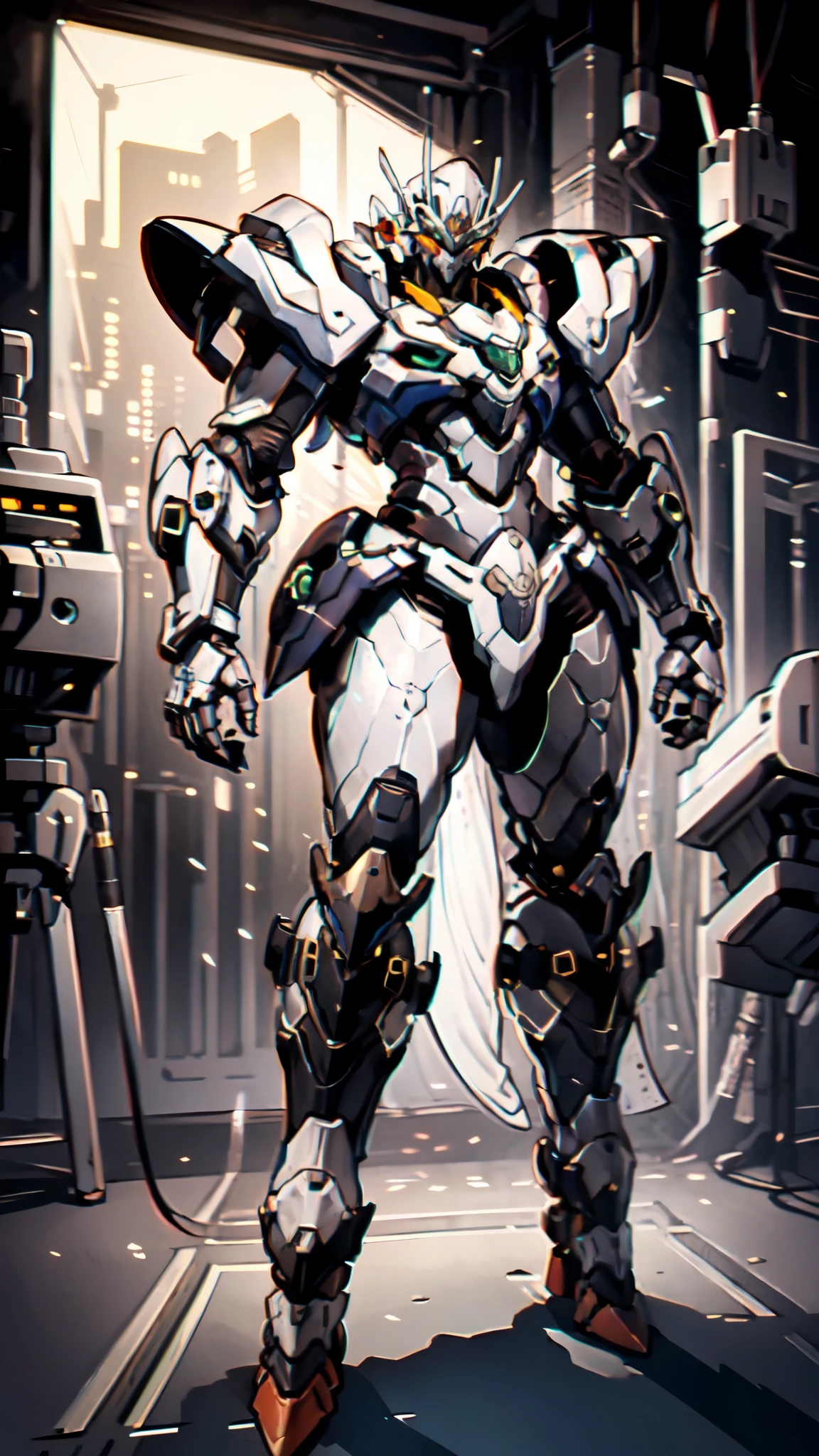 (masterpiece:1.5, best quality:1.5, extremely delicate:1.5), humanoid Mecha, fully enclosed shoulder guards, matching arm and leg guards, full body, full armor, the design balances heavy with agility, (the color scheme is primarily white with red and blue accents, the concept Inspired by Super robot, organic biotech armor, standing, floating high above the futuristic sci-fi city), exquisite and mature art style, (aura effect, energy, glowing eyes, the armor glows), metallic, dramatic, high definition, highres, ultra-detailed, ultra-fine painting, professional, perfect body proportions, anatomically correct, symmetrical face, extremely detailed eyes and face, high quality eyes, creativity, RAW photo, UHD, 32k, Natural light, cinematic lighting, masterpiece-anatomy-perfect