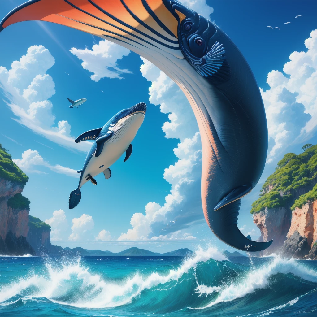 Masterpiece, ultra detailed, beautiful,Super Saturation, anime style, arcadia , flying whale, summer ocean