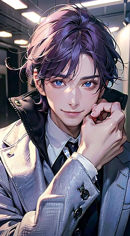 (best quality, masterpiece, 8K, photorealistic, cinematic lighting, 1:4 hdr image, ultra detailed, beautiful image), a mature man, 35 years very handsome, ((cold expression smile in love)), short purple hair, blue eyes, face perfect without mistakes, ((buttoning his jacket, CEO)), smile.