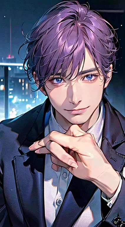 (best quality, masterpiece, 8K, photorealistic, cinematic lighting, 1:4 hdr image, ultra detailed, beautiful image), a mature man, 35 years very handsome, ((cold expression smile in love)), short purple hair, blue eyes, face perfect without mistakes, ((buttoning his jacket, CEO)), smile.
