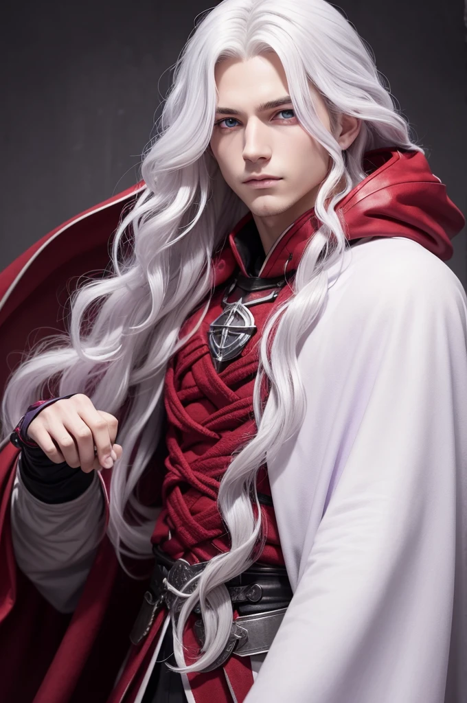 Create the image of a guy with platinum white wavy hair and purple eyes, white medieval with a red cloak and gloves