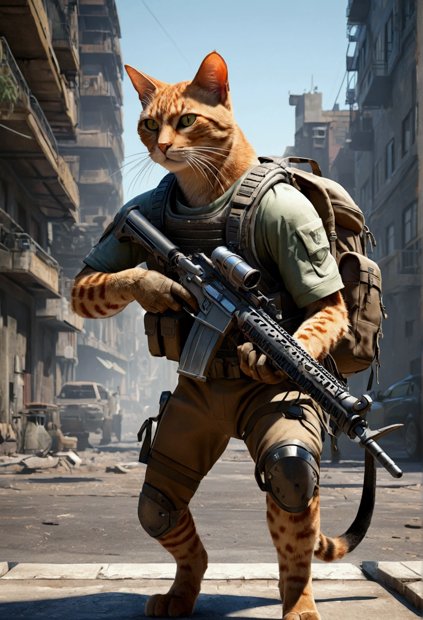 ((Best Quality)), ((first work)), (detailed: 1.4), 3D, Araffe with a gun and a backpack in a city., cat warrior, ready for combat, Futuristic combat scenario with a sword, cyberpunk future scenario,HDR (High dynamic range),in the background a city being attacked, Robust soldier, armored cat, cat at war, male soldier in war, ray tracing,NVIDIA RTX,Super resolution,Unreal 5,subsoil dispersal, PBR texture, Post processing, Anisotropic filtering, depth of field, Maximum clarity and sharpness, Multilayer textures, Albedo and specular maps, surface shading, Accurate simulation of the interaction between light and material., perfect proportions, octane rendering, Two tone lighting,wide opening,Low ISO,white balance,rule of thirds,8K RAW