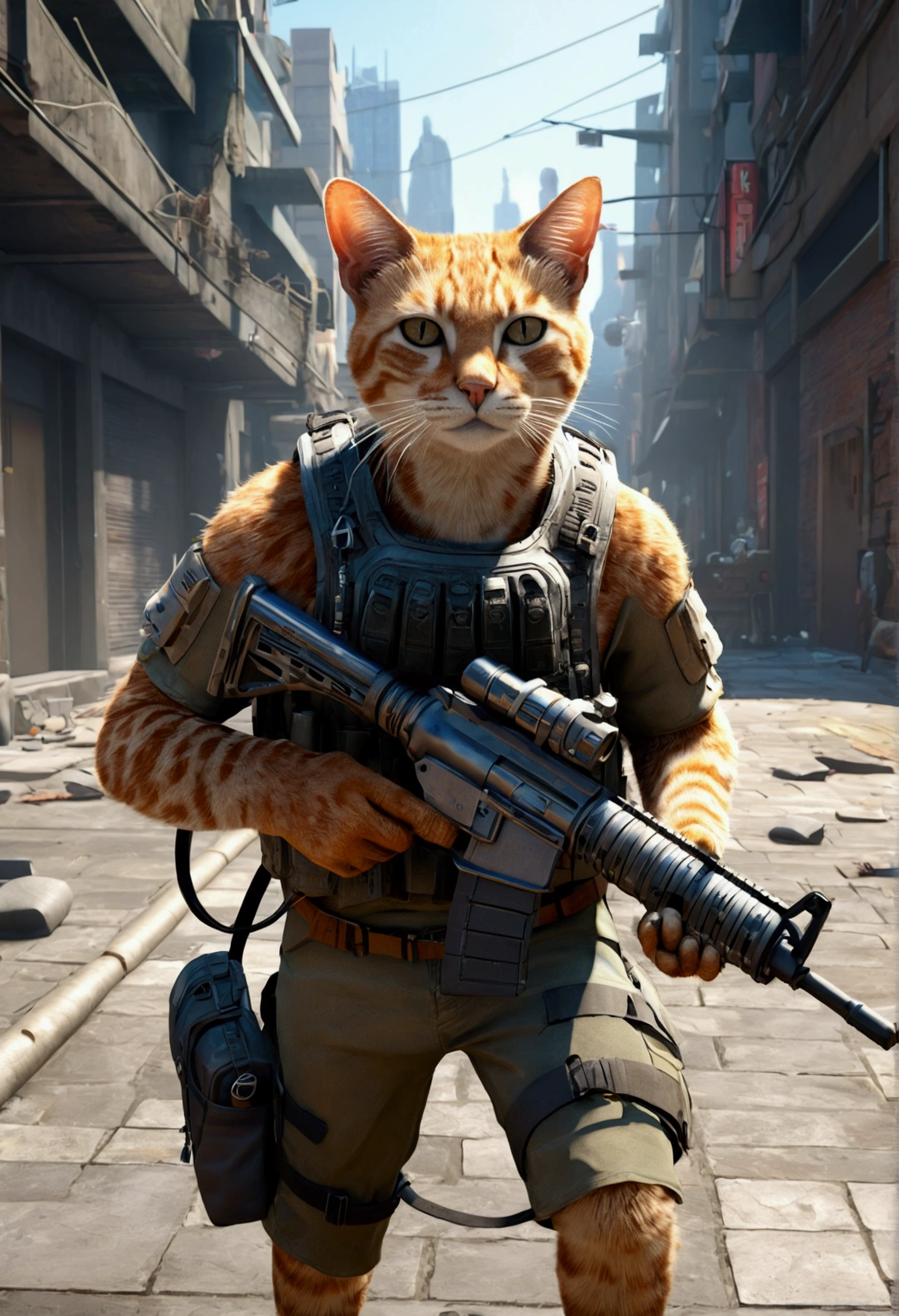 ((Best Quality)), ((first work)), (detailed: 1.4), 3D, Araffe with a gun and a backpack in a city., cat warrior, ready for combat, Futuristic combat scenario with a sword, cyberpunk future scenario,HDR (High dynamic range),in the background a city being attacked, Robust soldier, armored cat, cat at war, male soldier in war, ray tracing,NVIDIA RTX,Super resolution,Unreal 5,subsoil dispersal, PBR texture, Post processing, Anisotropic filtering, depth of field, Maximum clarity and sharpness, Multilayer textures, Albedo and specular maps, surface shading, Accurate simulation of the interaction between light and material., perfect proportions, octane rendering, Two tone lighting,wide opening,Low ISO,white balance,rule of thirds,8K RAW