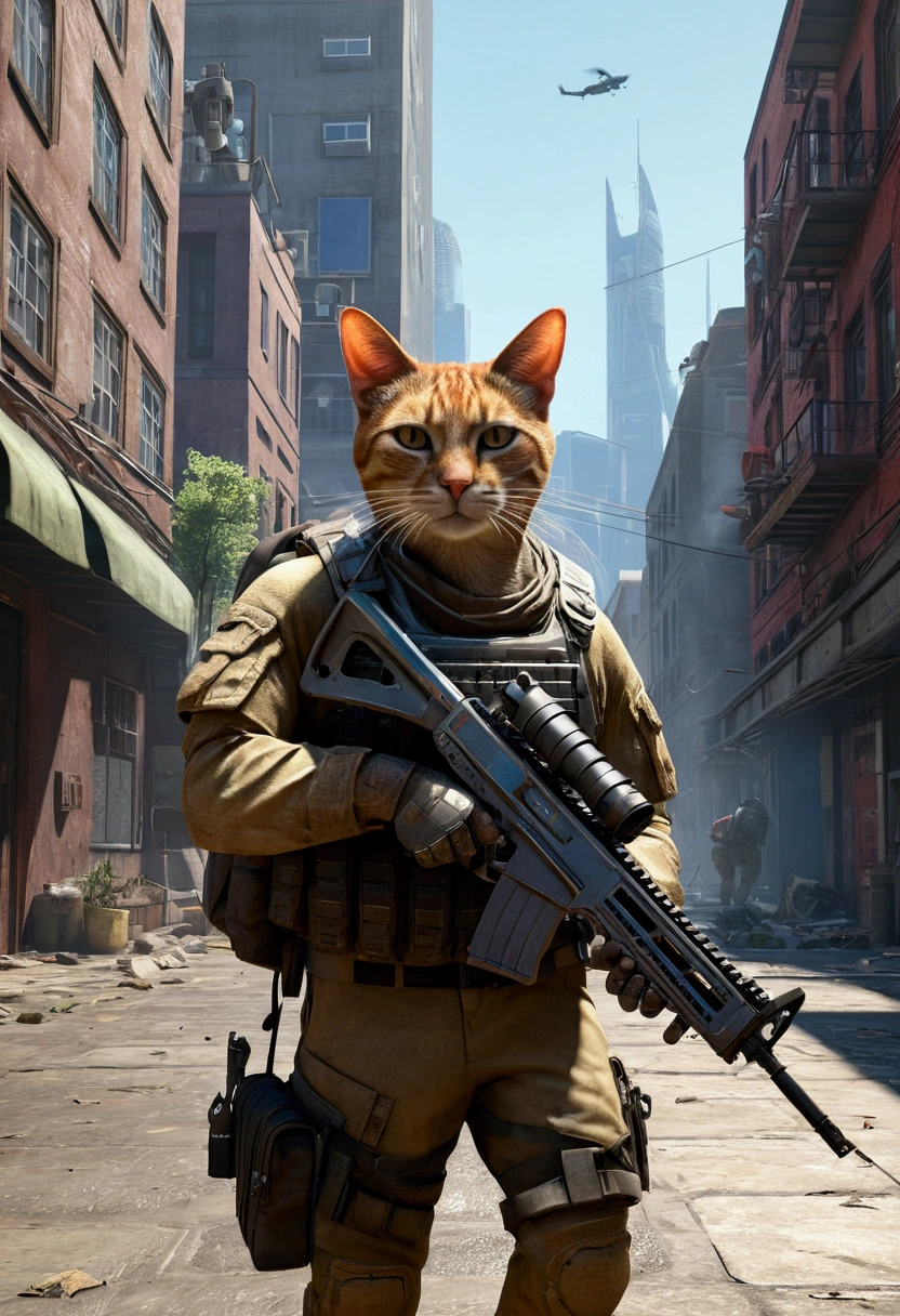 ((Best Quality)), ((first work)), (detailed: 1.4), 3D, Araffe with a gun and a backpack in a city., cat warrior, ready for combat, Futuristic combat scenario with a sword, cyberpunk future scenario,HDR (High dynamic range),in the background a city being attacked, Robust soldier, armored cat, cat at war, male soldier in war, ray tracing,NVIDIA RTX,Super resolution,Unreal 5,subsoil dispersal, PBR texture, Post processing, Anisotropic filtering, depth of field, Maximum clarity and sharpness, Multilayer textures, Albedo and specular maps, surface shading, Accurate simulation of the interaction between light and material., perfect proportions, octane rendering, Two tone lighting,wide opening,Low ISO,white balance,rule of thirds,8K RAW
