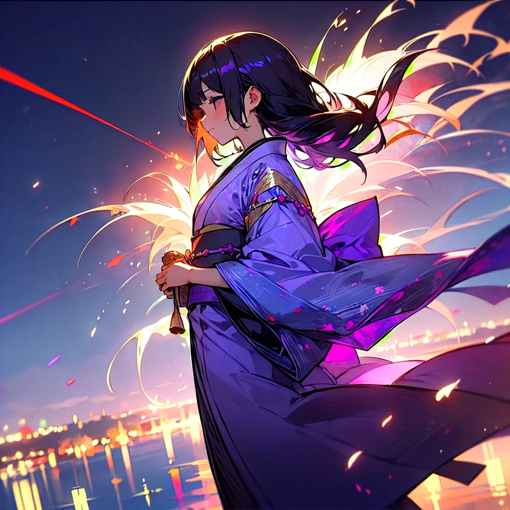 (beautifully、aesthetic:1.2)、(1 Girl:1.3)、(Black Hair:1.2)、Wearing a purple kimono、miracle、happinessそうな笑顔、like、happiness、Great space、night、Fireworks space、Fantastic space、fireworks are in full bloom、
