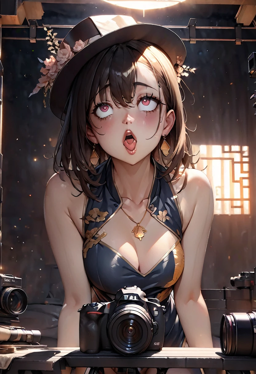 最high quality, masterpiece,Ahegao, there is nothing, One Girl, China dress, hat, necklace, jewelry, Beautiful Face, On top of that_body, Tyndall effect, Realistic, Dark studio, Rim Light, Two-tone lighting, (High resolutionの肌: 1.2), 8k uhd, Digital SLR, Soft lighting, high quality, Volumetric lighting, Frank, photograph, High resolution, 4K, 8k, Bokeh,sexy,underwear