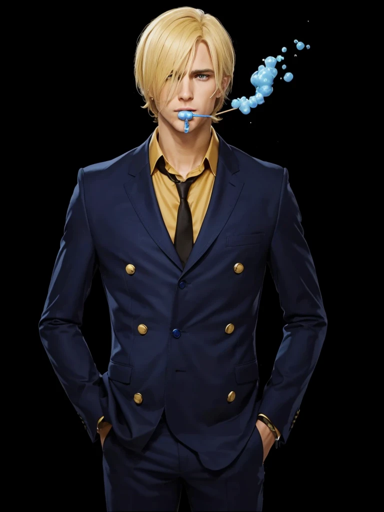 A serious man, with blonde hair, wearing a blue suit set, he has a lollipop in his mouth