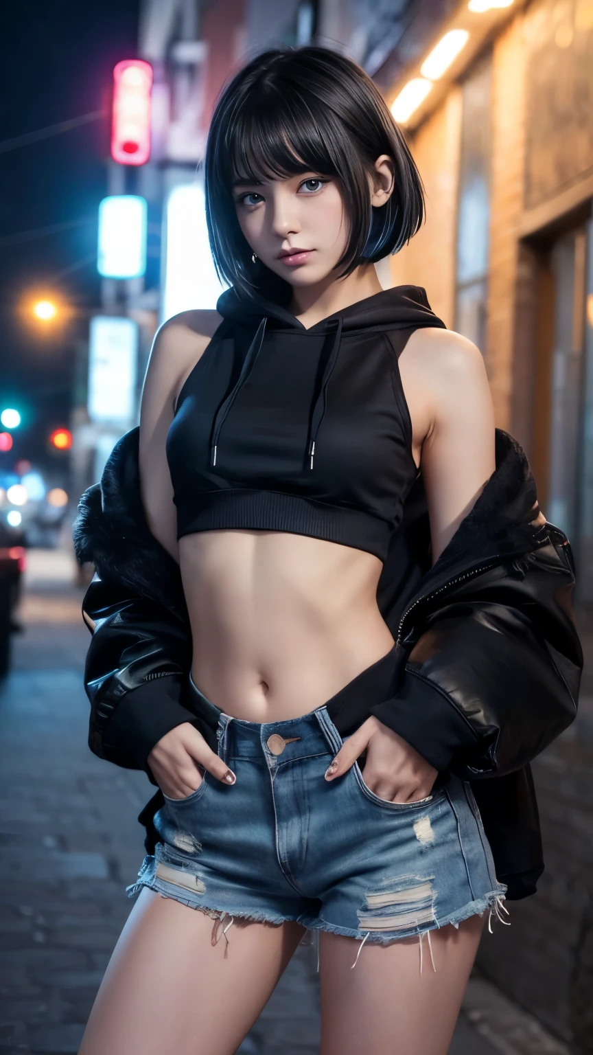 High resolution、1 female、girl、Black Hair、short hair、Slanted Eyes、blue eyes、thin、hoodie、fur、Tank top、Shorts、belly button、Tattoo stickers、Night view