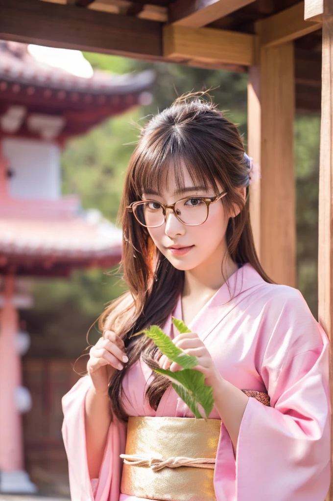 best quality, 8k, very delicate and beautiful, highly detailed face and skin texture, shiny skin, high resolution, cute long hair japanese girl in pink kimono with glasses at japanese temple, sharp focus