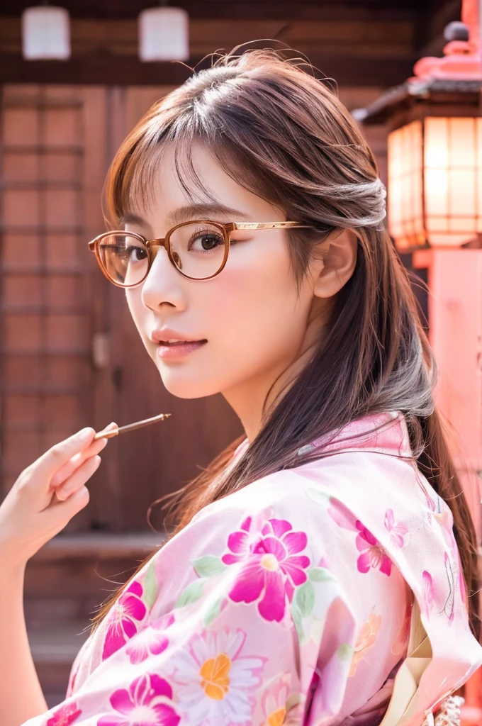best quality, 8k, very delicate and beautiful, highly detailed face and skin texture, shiny skin, high resolution, cute long hair japanese girl in pink kimono with glasses at japanese temple, sharp focus