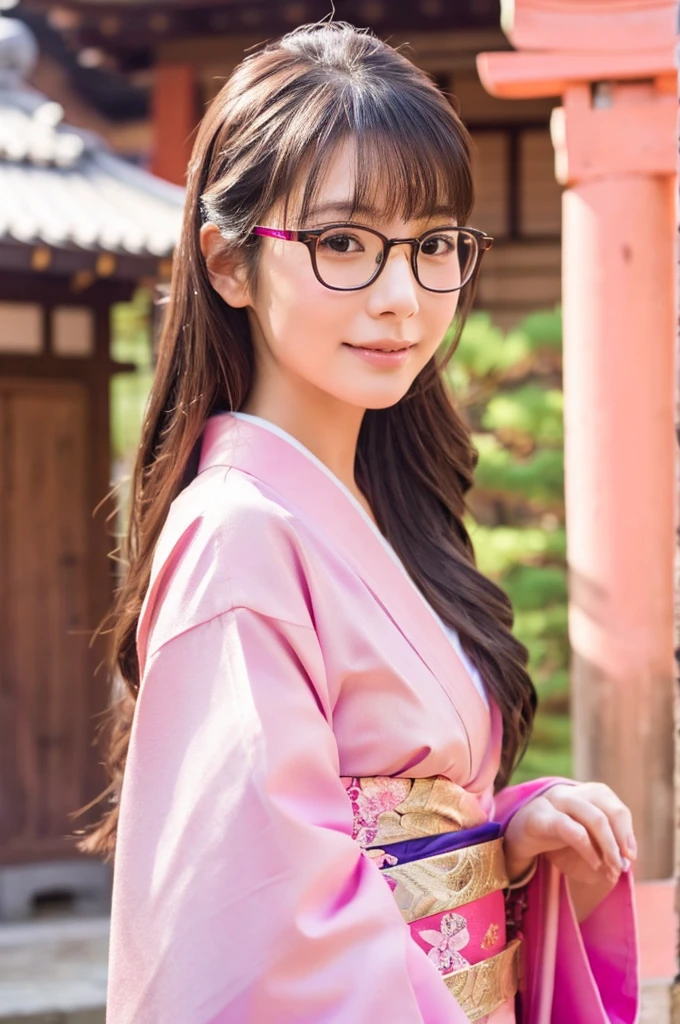 best quality, 8k, very delicate and beautiful, highly detailed face and skin texture, shiny skin, high resolution, cute long hair japanese girl in pink kimono with glasses at japanese temple, sharp focus
