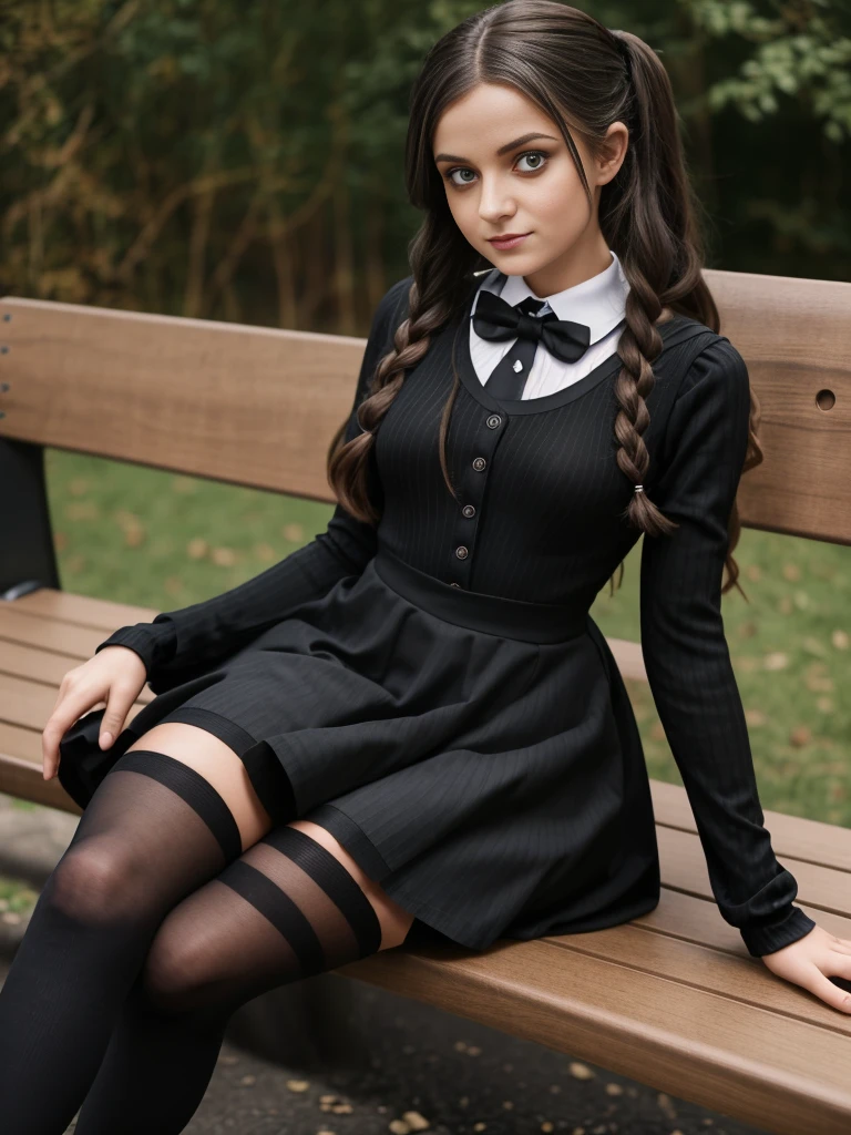 arafed woman sitting on a bench in a black dress, overknee socks, knee high socks, school girl in gothic dress, wearing skirt and high socks, wearing in black clothes, crossed legs, she is wearing a black dress, pantyhose tights, dressed as , as wednesday addams, of a  posing, thigh high socks, promotional photoshoot