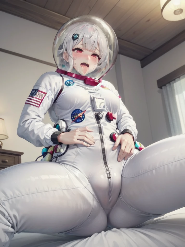 (spacesuit:1.15), white cargo pants, astronaut)bubble helmet, space helmet masturbation, fingering, female_masturbation, grabbing_own_tits, mature_woman, rolling eyes, ahegao, tongue sticking out, drooling, drooling, sweat, blushing, , looking at the audience, lying , indoors, in bed, bed, masterpiece, best quality, 1girl, solo, red eyes, , {{{messy hair:1.6}}}, bangs, white hair, spread legs, sitting, , short hair, twintails, ,(heart sayings:1.2), (from below:1.5), smile, (ahegao:1.5)