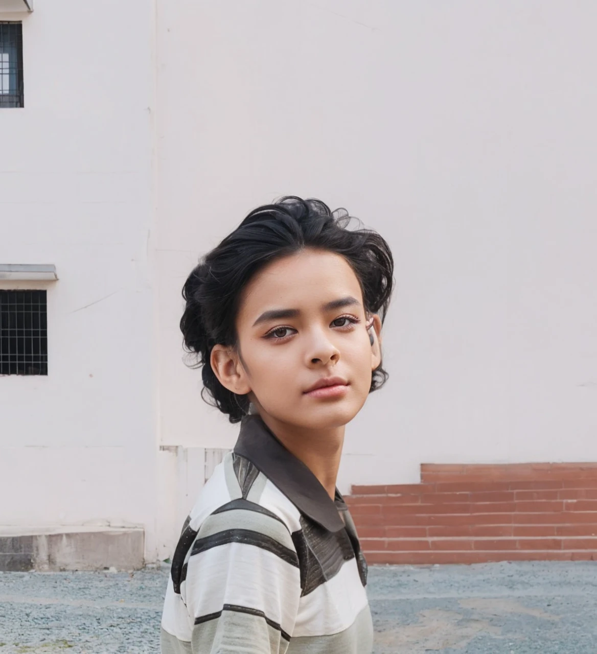 Face portrait, asian woman, 24yo, Long hair, (black hair), ((natural eye color)), ((smooth fine natural skin)), experimentelles Makeup, athletic body, artist, Vintage clothing, day lights, DSLR Camera