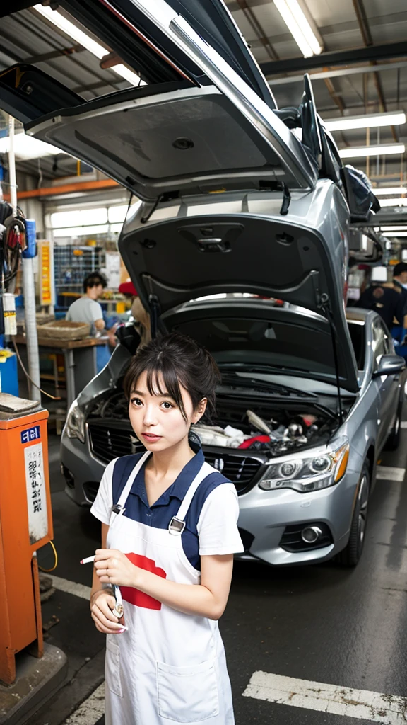 Japanese women、cute、Mechanic working in a busy car factory (setting: industrial use, Cluttered). She's wearing a mechanic's jumpsuit (fabric: durability, oil stains) with tool belt. Wearing a yellow mechanic's helmet、Her hair is tied up in a practical ponytail., smile、smile,teeth,. She works at a car repair shop (action: proficient, Concentrated), 彼女のポーズは自信に幸せそうでsmileに溢れている、Competent