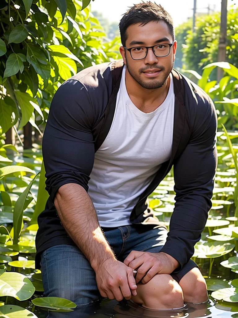 crew cut, (((full body))), mature man, [slightly fat], asian man, brown eyes, rounded face, glasses, slightly balding, (big shoulders), (((stubbles, Short beard))), (((full beard))), (Beautiful eyes:1.3), (Detailed face:1.3), cowboy shot, ((masterpiece,best quality)), 1 male, adult, handsome,full_moon, leaf, moon, plant, potted_plant, bamboo, 1guy, handsome man, palm_tree, water, tanabata, branch, barefoot, night, lily_pad, tanzaku, soaking_feet, vines, solo, outdoors, tree, very short black hair, wet, flower, smile, ivy, green_eyes, pants, lily_of_the_valley, sky, looking_at_viewer, palm_leaf, casual clothes, ((masterpiece,best quality)), beautiful detailed eyes, beautiful detailed face, white shirt, white pants

