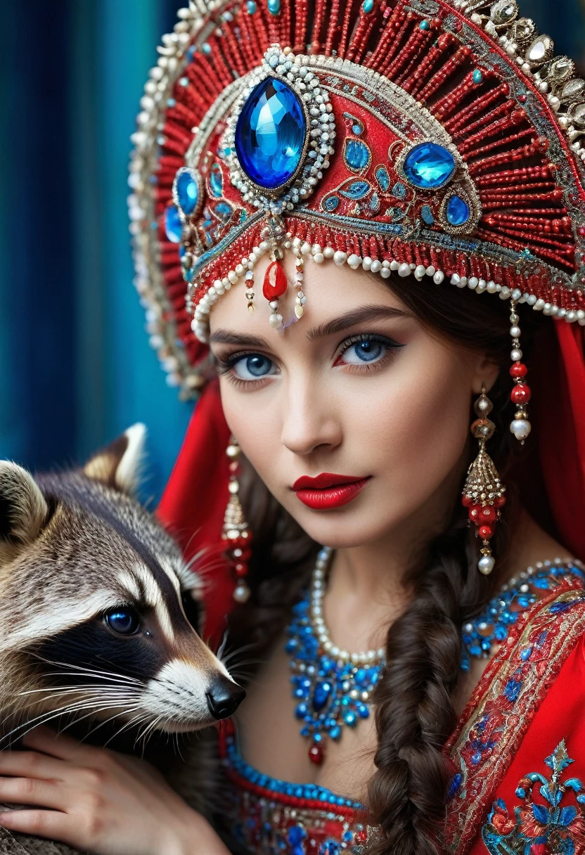 A captivating and cinematic photograph of a 25-year-old brunette wearing a stunning, intricately detailed Russian national dress inred and a magnificent red kokoshnik headdress. She is gracefully bending down, offering a blue glass casket adorned with the inscription "Inspiration" to a raccoon. The portrait showcases her detailed eyes, lips, and long eyelashes. The background is beautifully blurred, creating a bokeh effect that highlights the vibrant colors and sharp focus of the subject. This masterpiece is a testament to the artistry of photorealistic rendering and the beauty of the human spirit., photo, cinematic