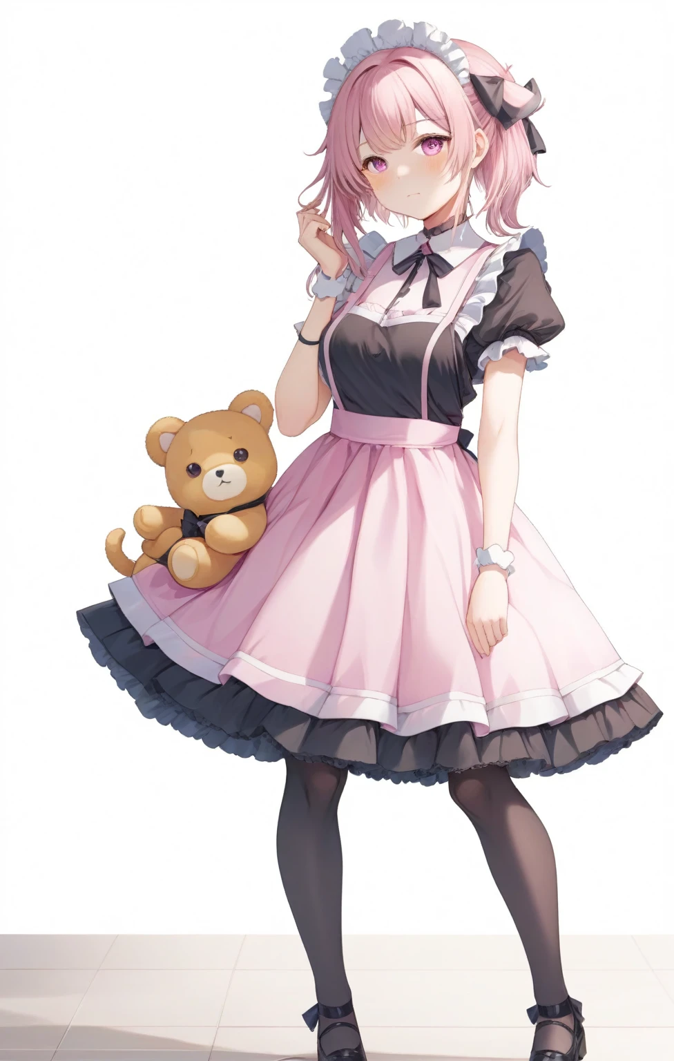 there is a woman in a pink dress holding a teddy bear, anime girl in a maid costume,  in dress, cute anime waifu in a nice dress, maid outfit, anime cat girl in a maid costume, anime full body illustration, ****sh, render of april, anime visual of a cute girl, anime girl with cat ears, (anime girl)