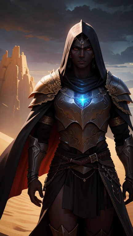 a powerful, dark-skinned desert warrior god, dramatic lighting, epic fantasy, highly detailed, intricate armor, detailed sword, flowing cape, intense gaze, glowing eyes, complex facial features, dark clouds, sand dunes, dramatic shadows, moody atmosphere, cinematic composition, vibrant colors, photorealistic, 8k, volumetric lighting, hyper detailed