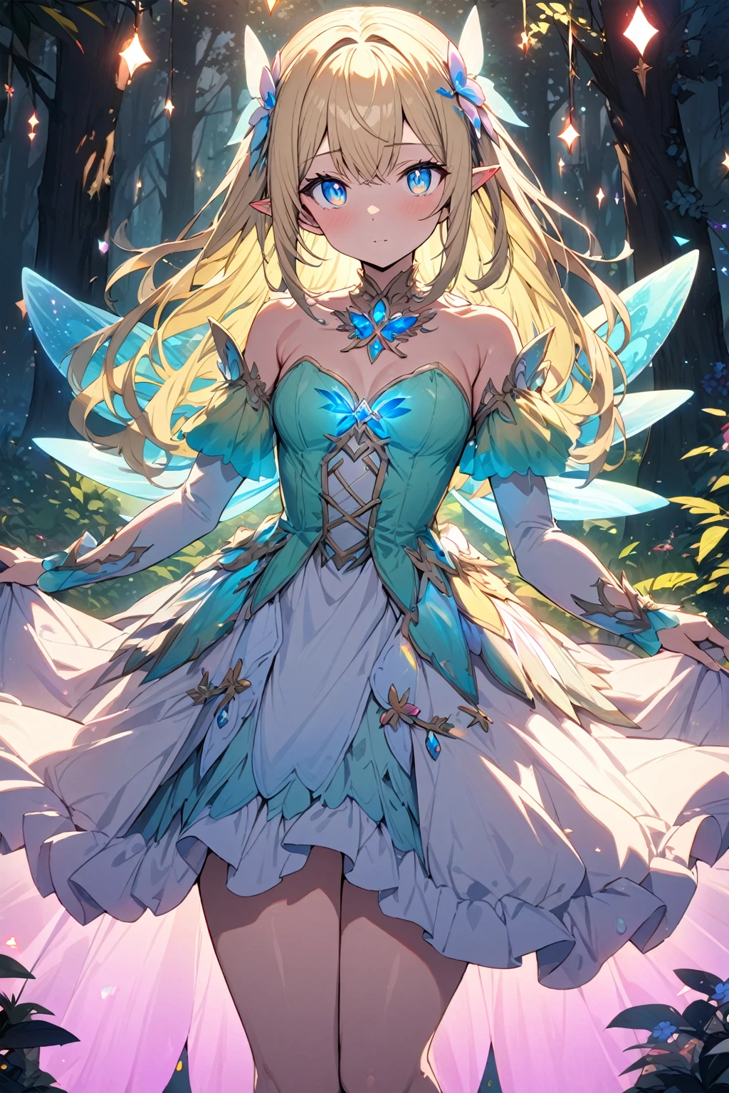 a handsome girl, solo, masterpiece, best quality, ultra detailed,
blonde, blue eyes, bright eyes,
fairy princess, fantasy forest, glowing lights