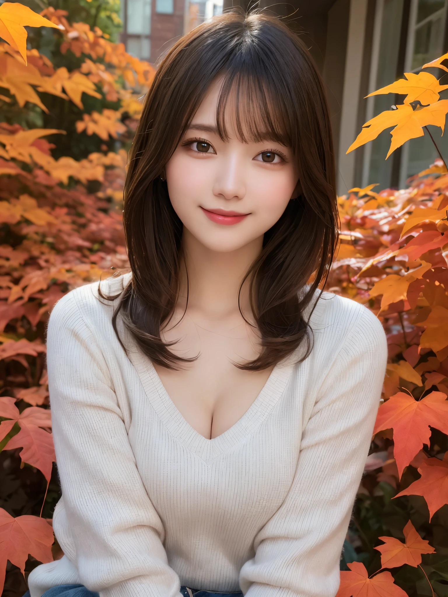 masterpiece, best quality, illustration, ultra-detailed, finely detailed, high resolution, 8K wallpaper, perfect dynamic composition, beautiful detailed eyes, autumn leaves, casual attire, medium hair, small breasts, relaxed pose, smile, looking at camera