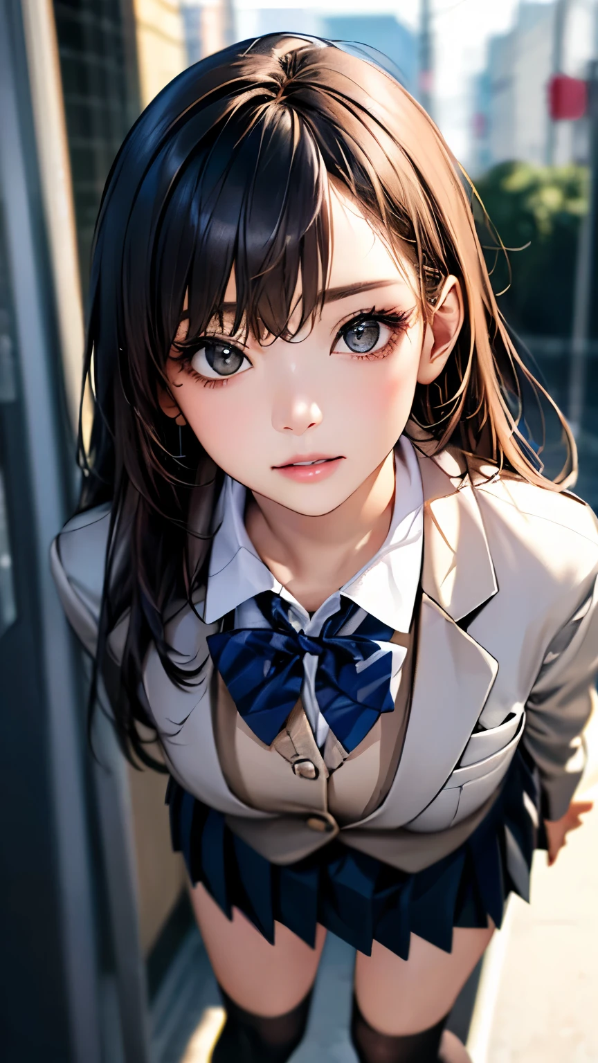 (hig彼st quality、8k、32K、masterpiece)、(Realistic)、(Realistic:1.2)、(High resolution)、Very detailed、Very beautiful face and eyes、1 girl、Delicate body、(hig彼st quality、Attention to detail、Rich skin detail)、(hig彼st quality、8k、Oil paints:1.2)、Very detailed、(Realistic、Realistic:1.37)、Bright colors、Full Body Shot, ((high school girl:1.6, Navy Blazer:1.6, Navy pleated mini skirt)), (Closed blazer, Grey bow tie, White collared shirt, Black thigh-high socks)