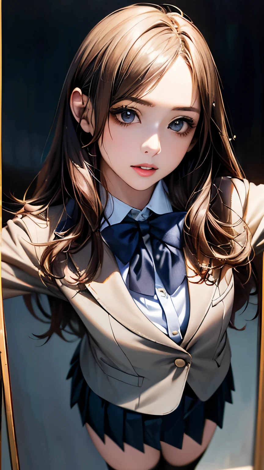 (hig彼st quality、8k、32K、masterpiece)、(Realistic)、(Realistic:1.2)、(High resolution)、Very detailed、Very beautiful face and eyes、1 girl、Delicate body、(hig彼st quality、Attention to detail、Rich skin detail)、(hig彼st quality、8k、Oil paints:1.2)、Very detailed、(Realistic、Realistic:1.37)、Bright colors、Full Body Shot, ((high school girl:1.6, Navy Blazer:1.6, Navy pleated mini skirt)), (Closed blazer, Grey bow tie, White collared shirt, Black thigh-high socks)