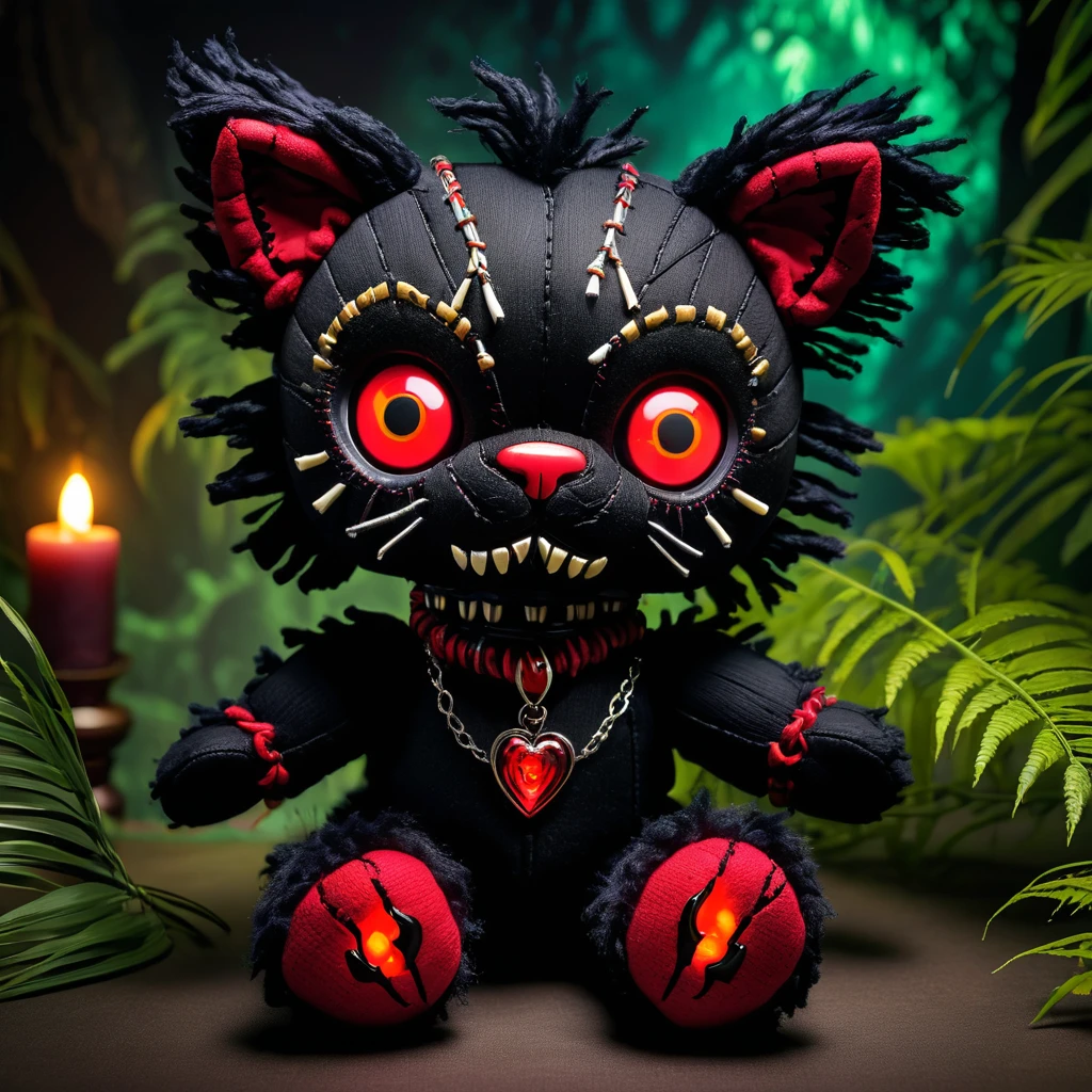 (knitted toy voodoo doll:1.7), (Voodoo Demonic Panther:1.3), (Clothing: dark fur with glowing red eyes:1.0), (Accessories: enchanted infernal claws, glowing cursed pendant, mystical shadowy jungle:1.2), (background: dark jungle with floating, glowing embers and distant growls:1.2), best quality, masterpiece, detailed soft oil painting, detailed background, dramatic cinematic lighting, soft edge lighting, professional, dramatic lighting, hard edge lighting, ultra quality, 4k,masterpiece, best quality, 8k, ultra highres, highres, extremely detailed